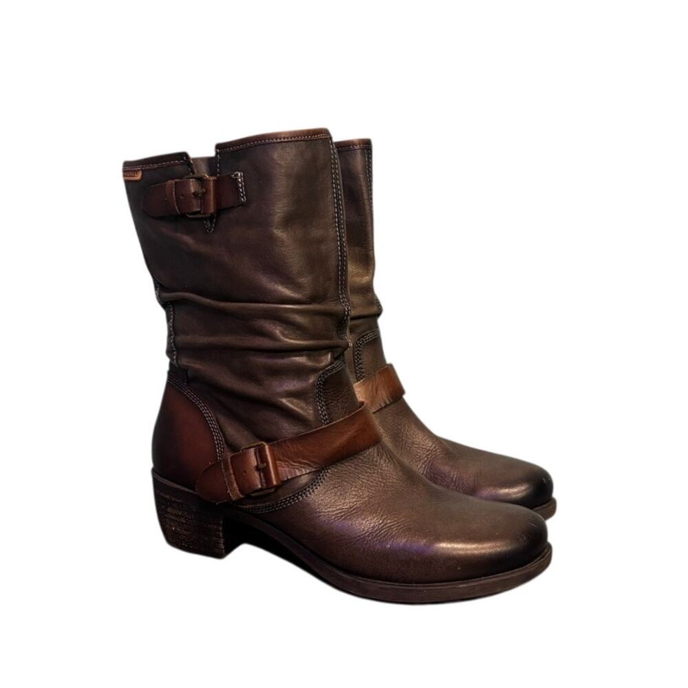 Pikolinos Brown Leather Mid Calf Slouch Le Mans Boots Double Buckle EU 40 US 9